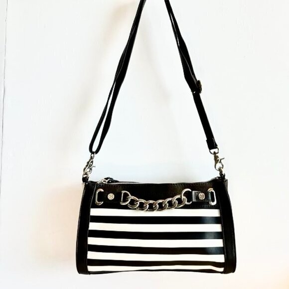 Emma Fox Leather Crossbody or Shoulder Bag  Striped Black & White w Chain Detail - Picture 1 of 12